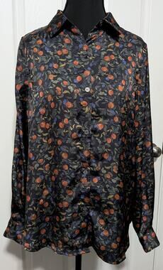 Elie Tahari Pomegranate Botanical Floral Print Button-Up Blouse Top - Medium